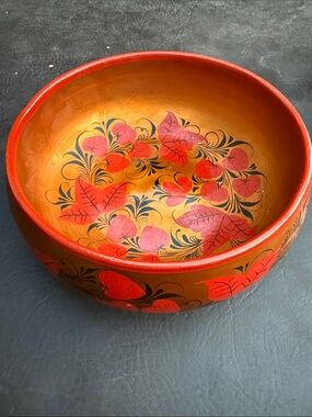 MEXICANA Red and Gold Hand-Painted  Bowl wood